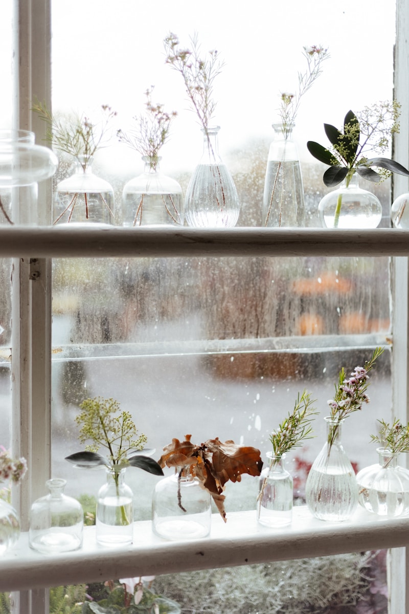 A window sill filled with vases and plants