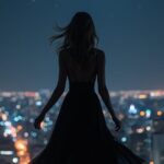 ai generated, woman, silhouette, night, city view, lights, moon, model, beauty, attractive, style, exposure