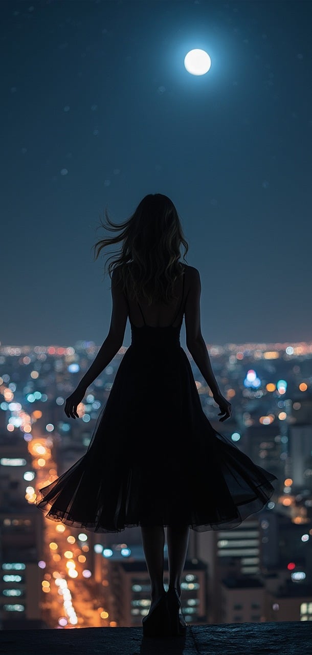 ai generated, woman, silhouette, night, city view, lights, moon, model, beauty, attractive, style, exposure