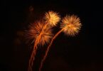 Three golden fireworks explode in the night sky.