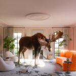 Moose stands in a brightly lit, modern living room.