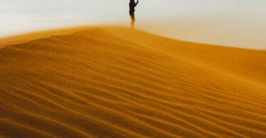 A lone figure stands on a sand dune at sunset.